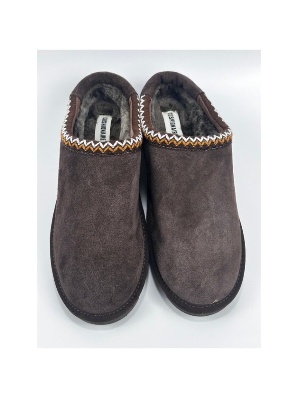 Cushionaire Suede Slipper Mules Mens 10 Brown Embroidered Trim Faux Fur Lined$80 - Picture 2 of 6
